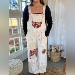 Women’s large 12/14 cream WIDE LEG overalls- mixed fabric, florals & lace boho